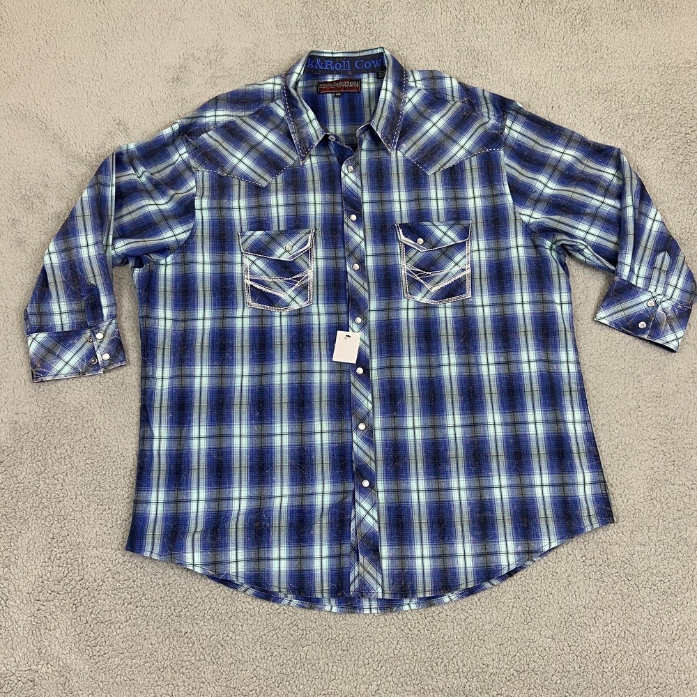 NWT Rock & Roll Cowboy Blue Gray‎ Plaid 3/4 Long Sleeve Pearl Snap XXL